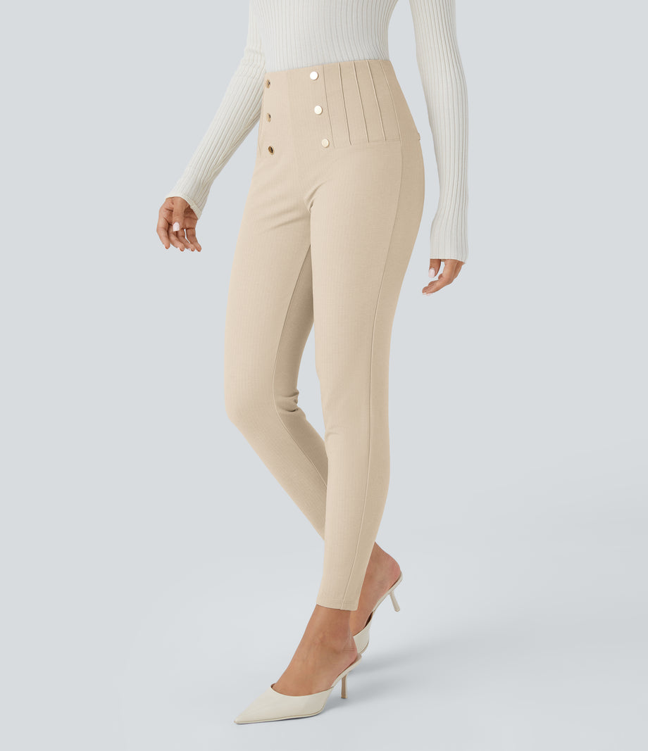 High Waisted Tummy Control Decorative Back Zipper Pockets Herringbone Work Leggings - Earthy Brown