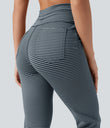 High Waisted Drawstring Stripe Flare Yoga Pants with Pockets - Oceanic Teal