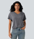 V-neck Short Sleeve Ruched Relaxed Casual Top - Darl Gray Floral Yarn