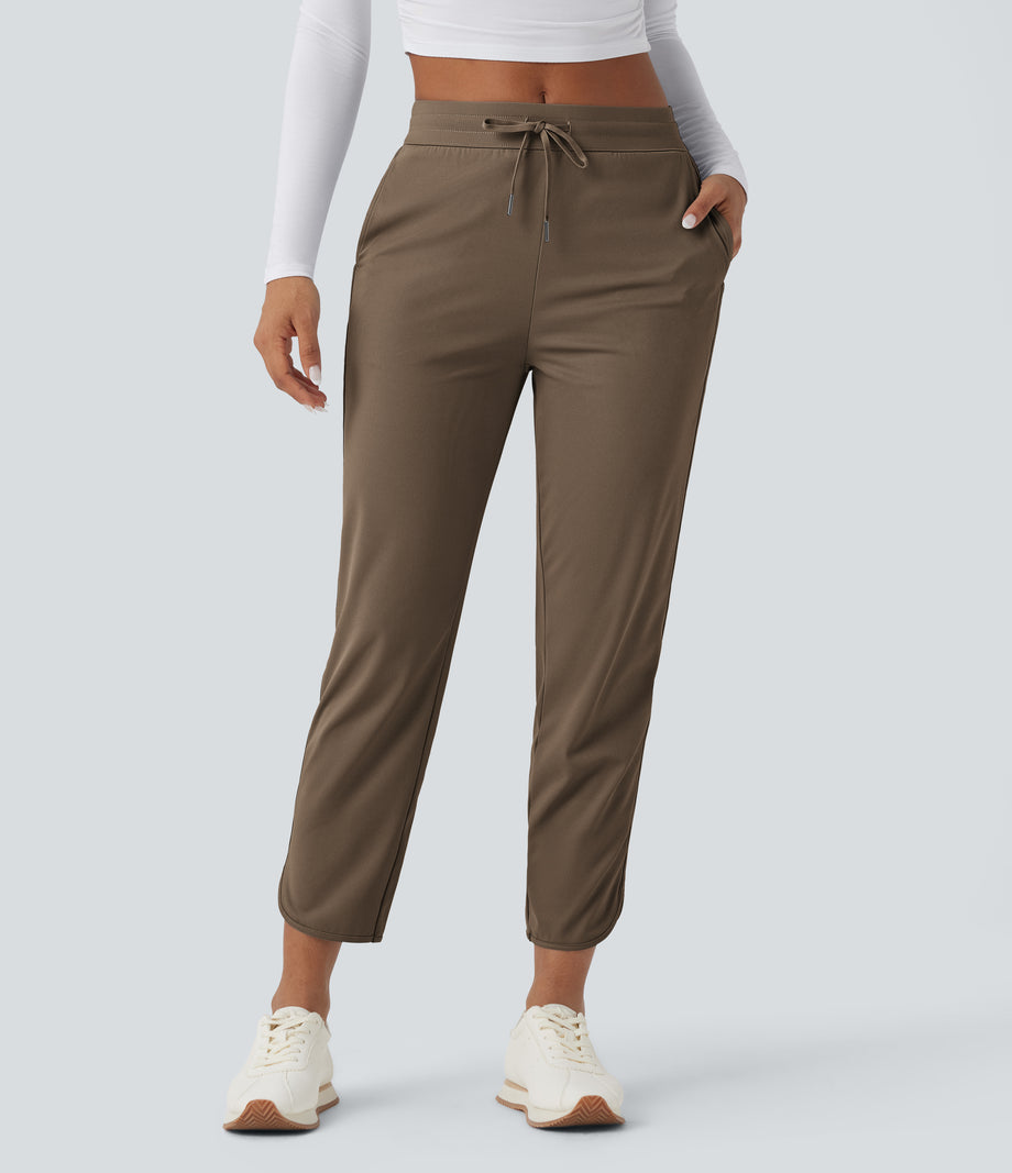 Mid Rise Drawstring Curved Hem Quick Dry Golf Tapered Pants with Pockets-UPF40+ - Shitake