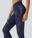 SoftlyZero™ High Waisted Crossover Pocket Contrast Lace Flare Yoga Leggings - Peacoat