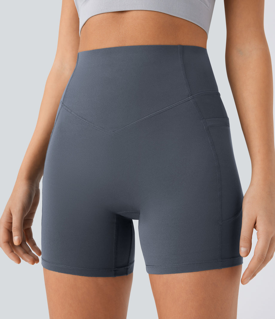 Halara UltraSculpt™ High Waisted Scrunch Butt Lifting Tummy Control Pocket Shaping Workout Biker Shorts 5'' - Silent Blue