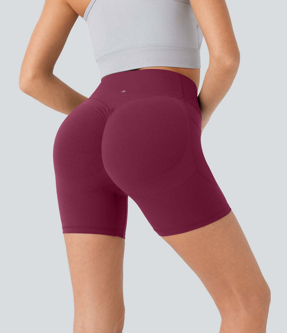 Halara UltraSculpt™ High Waisted Scrunch Butt Lifting Tummy Control Pocket Shaping Workout Biker Shorts 5'' - Red Plum