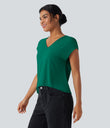 V Neck Short Sleeve Casual T-Shirt - Antique Green