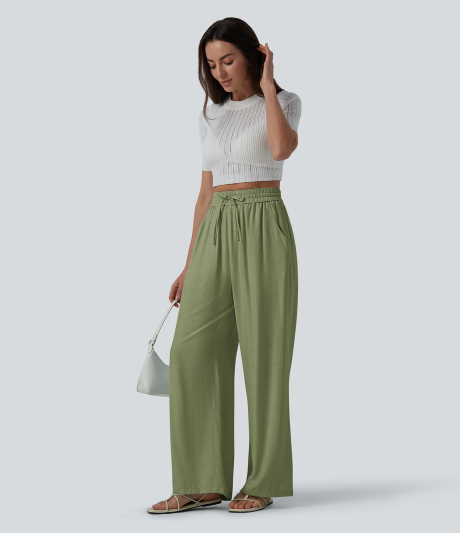 High Waisted Drawstring Wide Leg Casual Linen-Blend Pants with Pockets - Iguana