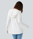 Hooded Cowl Neck Long Sleeve Thumb Hole Yoga Sports Top with Pockets - White