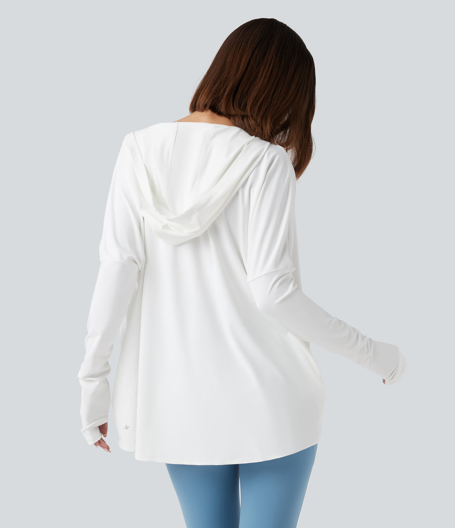 Hooded Cowl Neck Long Sleeve Thumb Hole Yoga Sports Top with Pockets - White