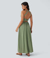 Twisted Backless Split Flowy Maxi Resort Dress with Pockets - Light Green Floral Yarn