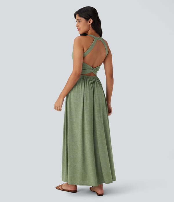 Twisted Backless Split Flowy Maxi Resort Dress with Pockets - Light Green Floral Yarn