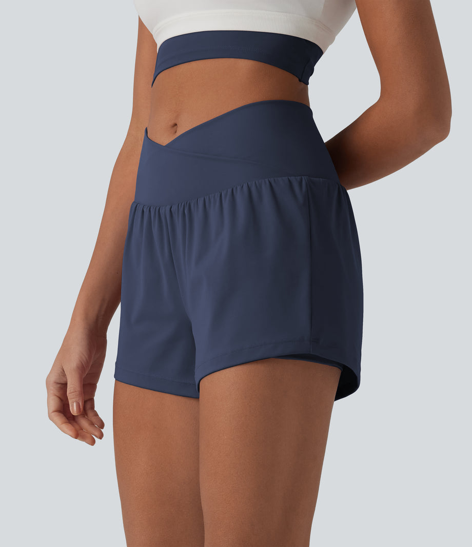 SoftlyZero™ Airy Crossover High Waisted 2-in-1 Cool Touch Yoga Shorts 3'' with Pockets - Mood Indigo