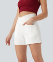 Halara Flex™ Crossover High Waisted Pockets Wide Leg A Line Washed Denim Casual Shorts - Bright White Denim