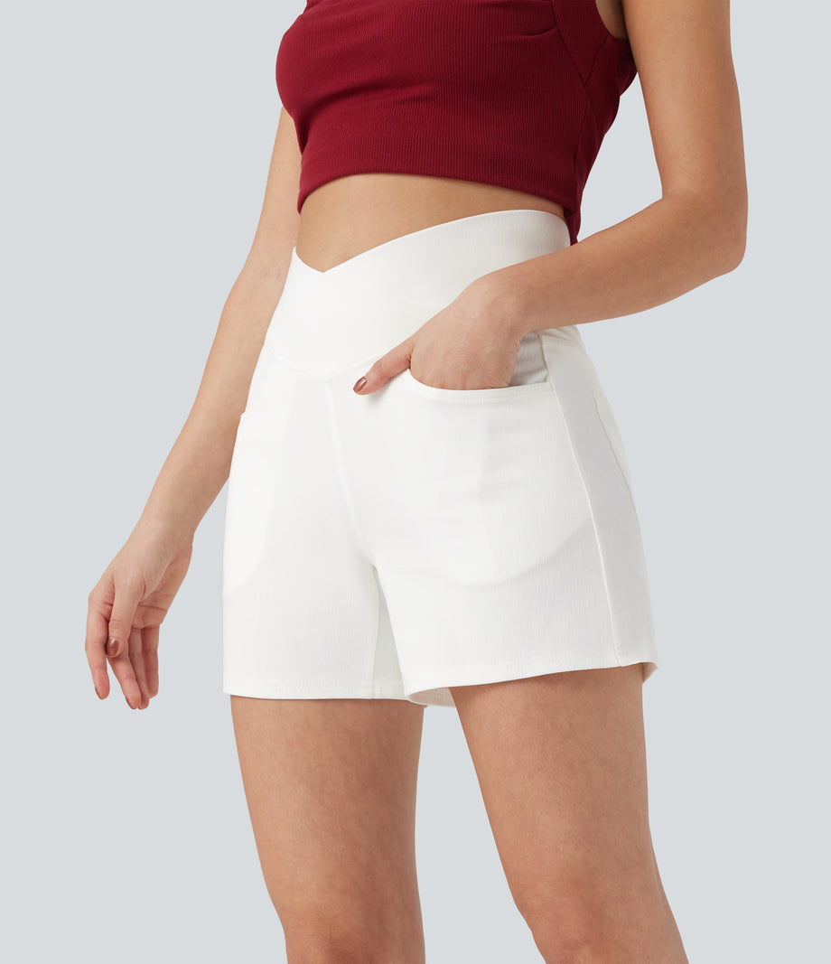 Halara Flex™ Crossover High Waisted Pockets Wide Leg A Line Washed Denim Casual Shorts - Bright White Denim