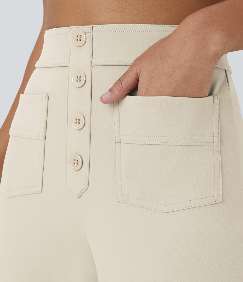 DayStretch High Waisted Pockets Straight Leg Casual Pants - Oat Milk