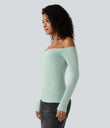 Ribbed Knit Off Shoulder Long Sleeve 2-in-1 Casual Top - Crow Green