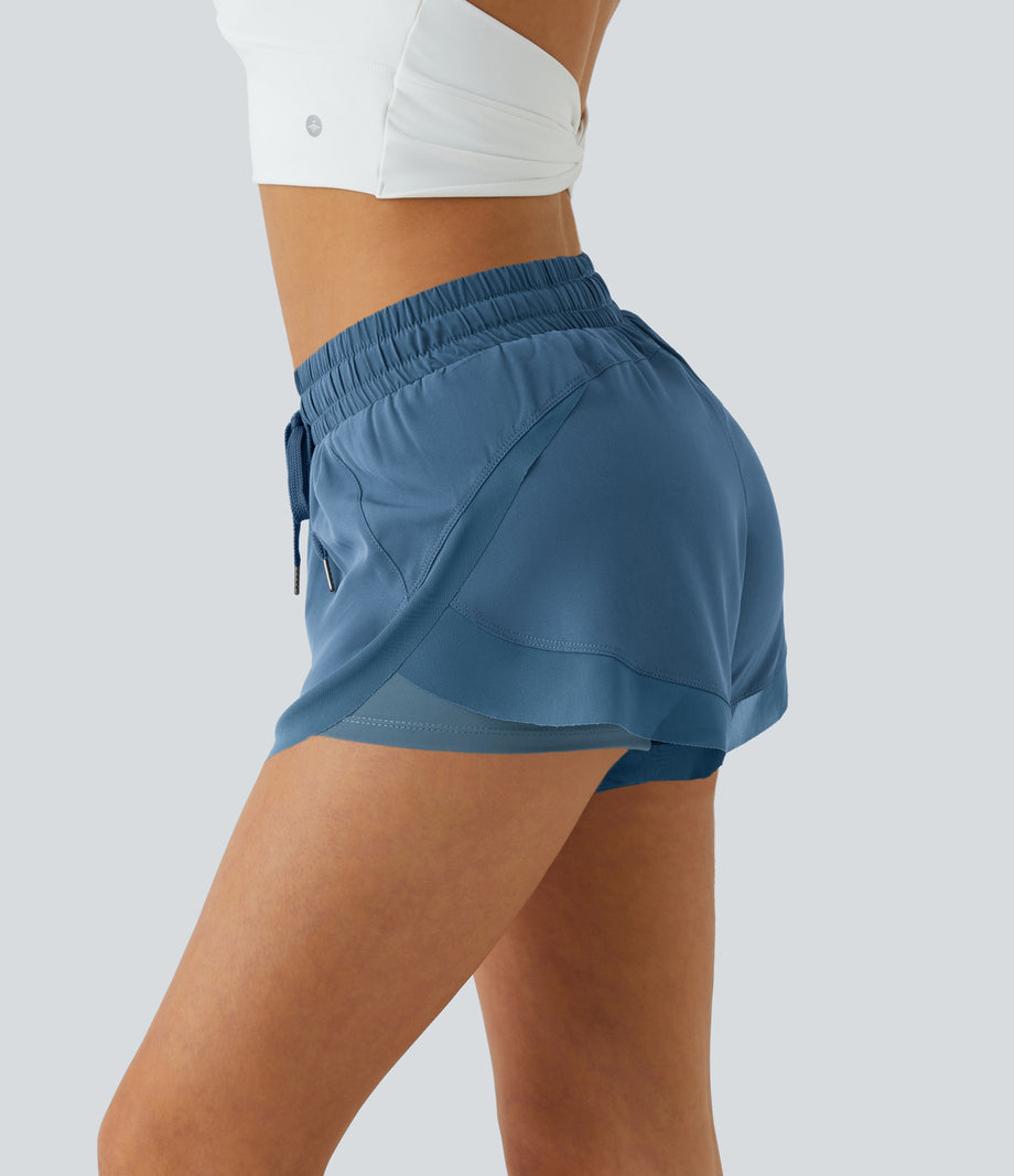Mid Rise Drawstring Contrast Mesh 2-in-1 Flowy Running Shorts 3'' - Blue Heaven
