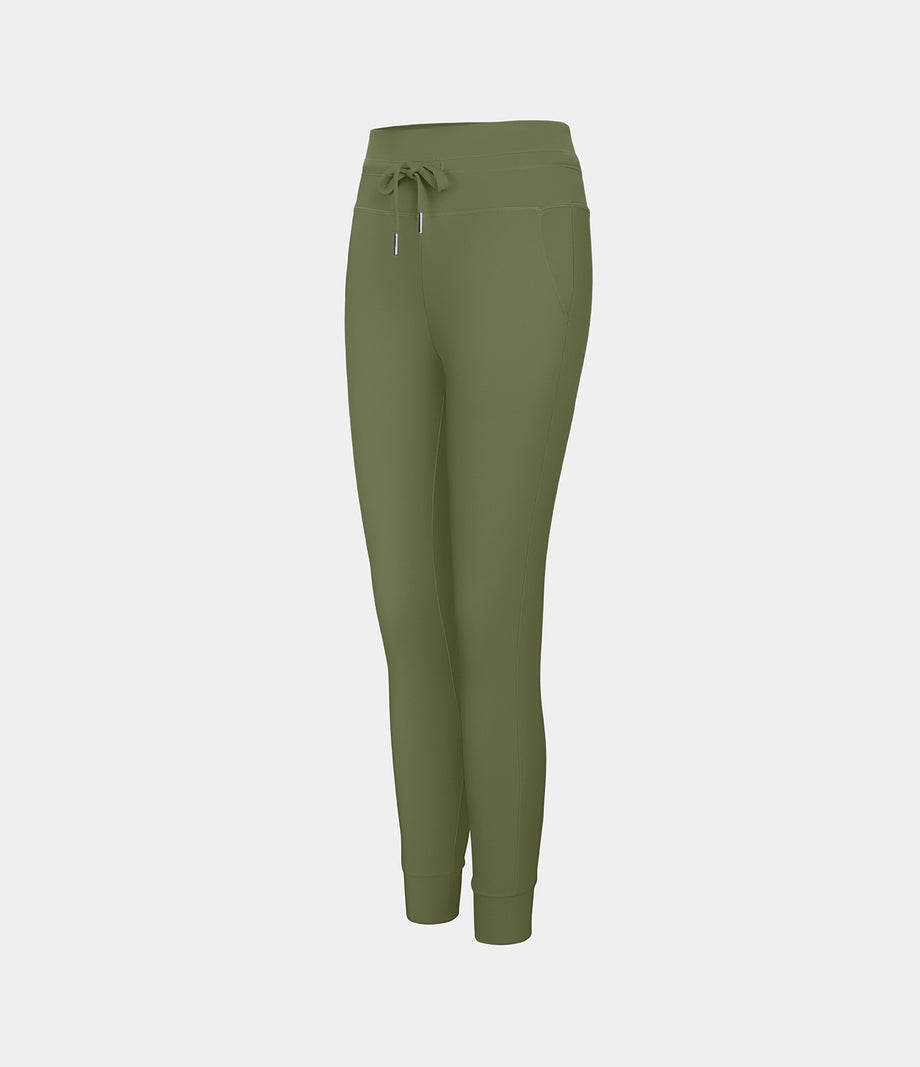 SoftlyZero™ Plush High Waisted Drawstring Pocket Plain Full Length Joggers - Loden Green