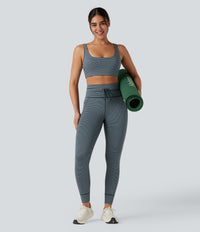 High Waisted Drawstring Striped Yoga Leggings with Pockets - Oceanic Teal