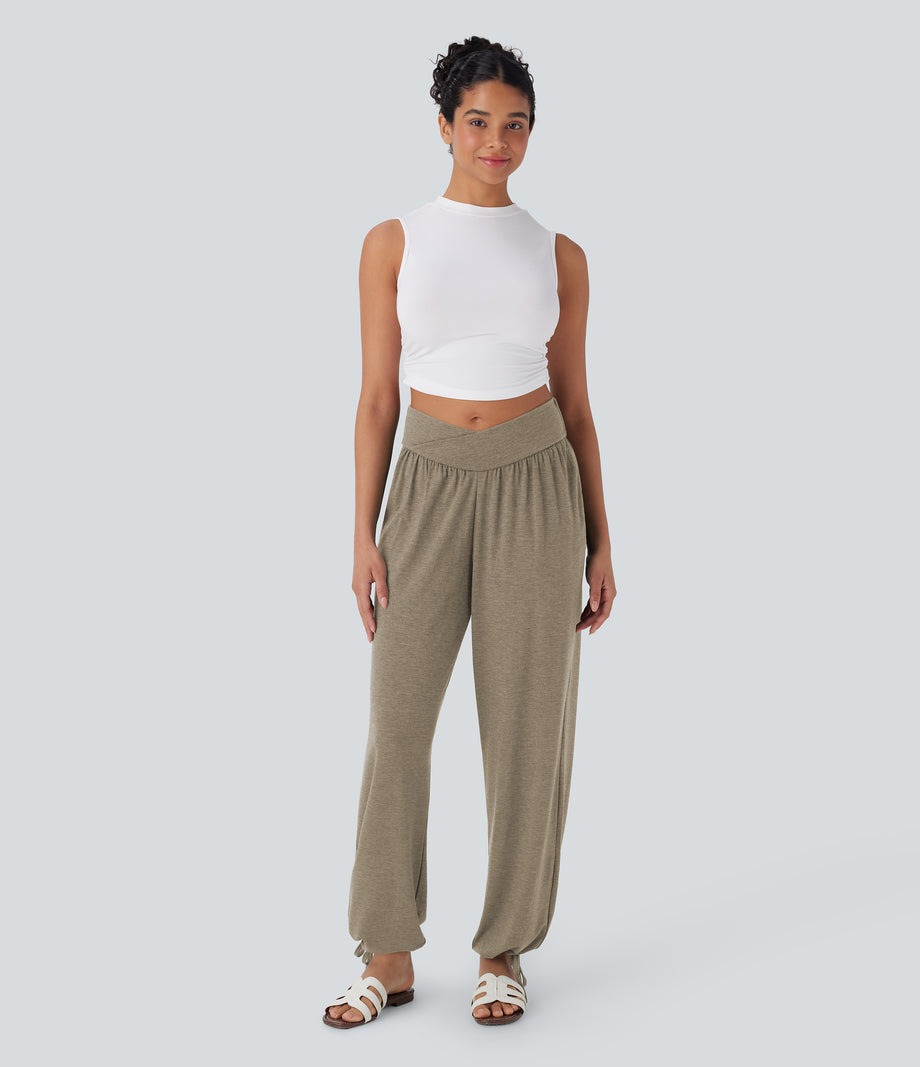 Crossover High Waisted Pocket Drawstring Casual Joggers - Khaki Floral Yarn