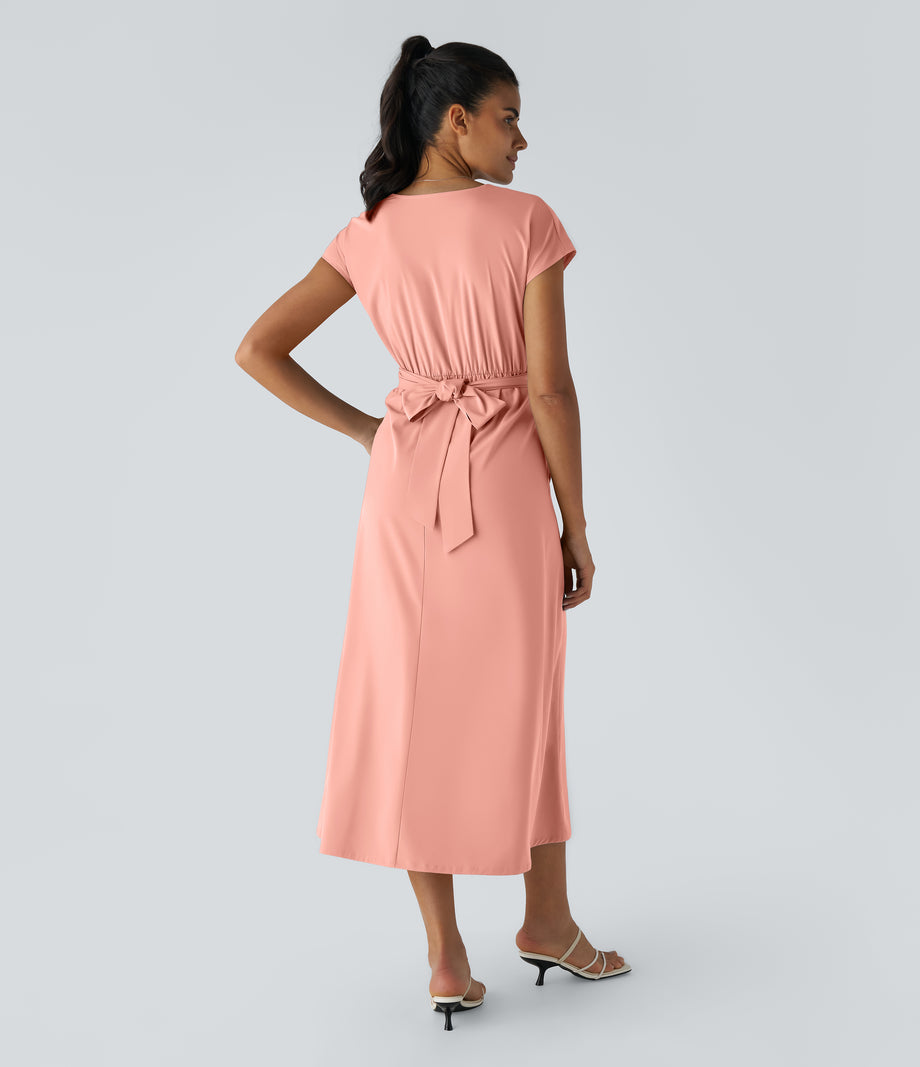 Breezeful™ V Neck Short Sleeve Pocket Tie Back Quick Dry Midi Casual Dress-Longer Length - Blossom