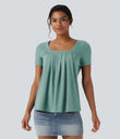 Square Neck Short Sleeve Casual Top - Azure