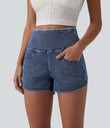 Halara Flex™ High Waisted Tummy Control Curved Hem Skinny Denim Casual Shorts with Pockets - Tide Blue Denim