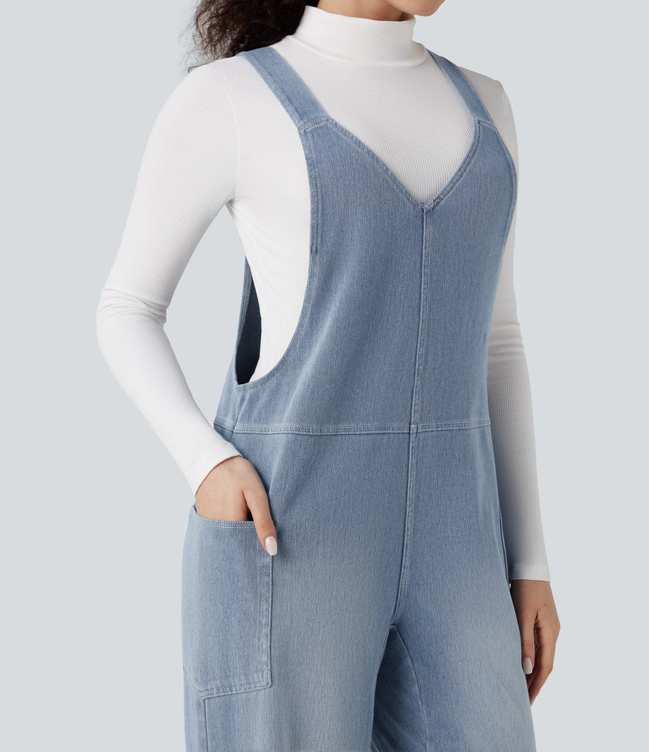 Halara Flex™ V Neck Pocket Washed Denim Casual Overalls -  Blue Jasper Denim