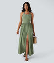 Twisted Backless Split Flowy Maxi Resort Dress with Pockets - Light Green Floral Yarn