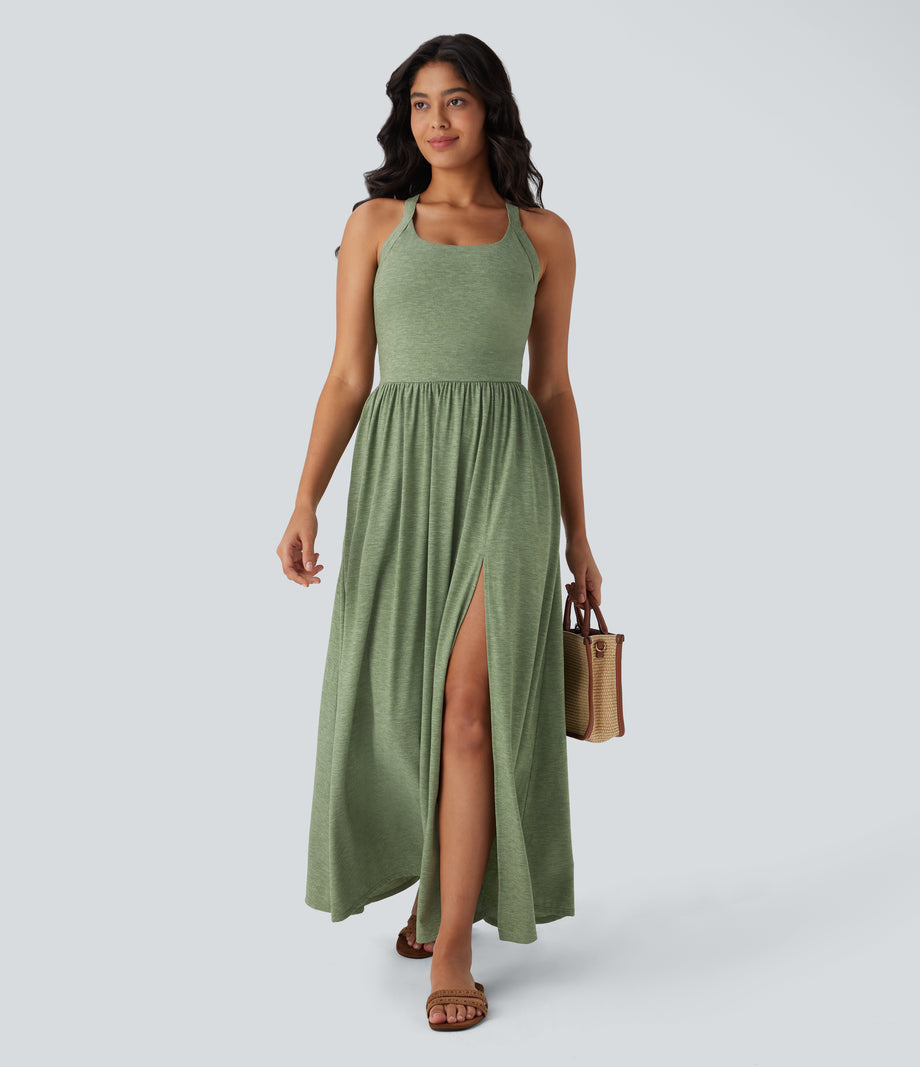 Twisted Backless Split Flowy Maxi Resort Dress with Pockets - Light Green Floral Yarn