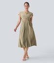 Breezeful™ V Neck Short Sleeve Pocket Tie Back Quick Dry Midi Casual Dress - Fields of Rye
