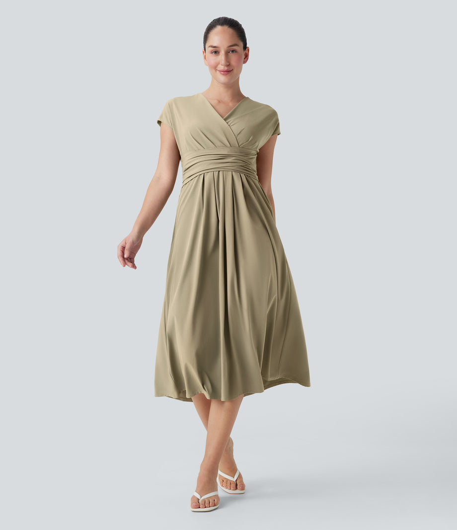 Breezeful™ V Neck Short Sleeve Pocket Tie Back Quick Dry Midi Casual Dress - Fields of Rye