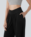 Crossover High Waisted Pocket Drawstring Casual Joggers - Black
