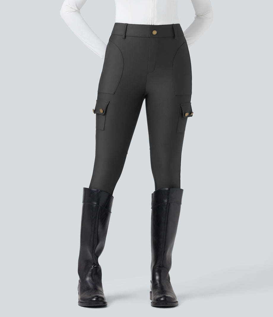 High Waisted Sheen 7/8 Leggings with Pockets - Black Oyster