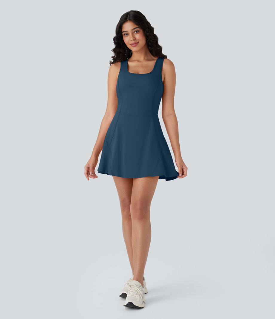 SoftlyZero™ Airy U Neck 2-in-1 Pocket Mini Cool Touch Dance Active Dress - Majolica Blue