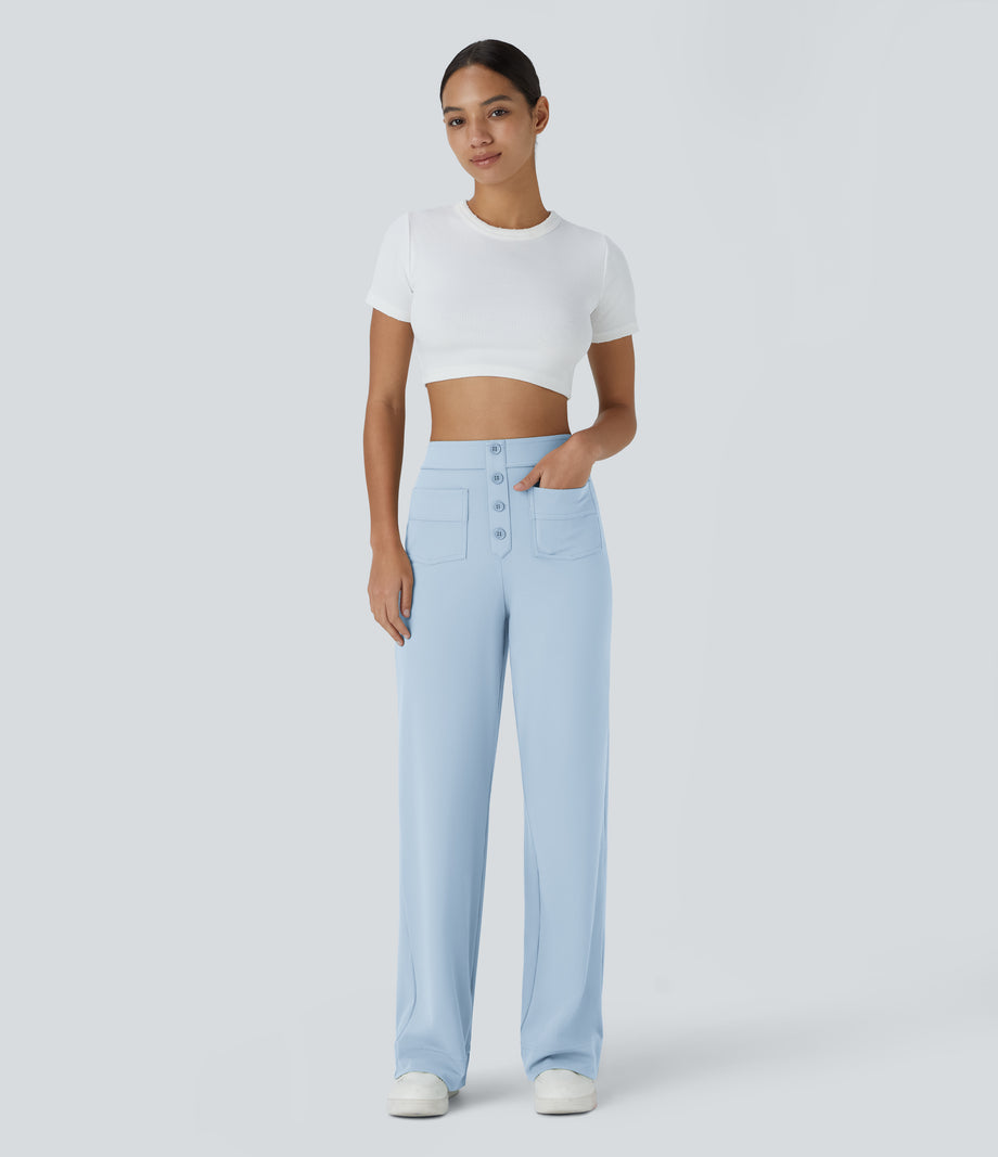 DayStretch High Waisted Pockets Straight Leg Casual Pants - Omphalodes