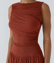 Ribbed Boat Neck Asymmetric Strap Ruched Pocket Flowy Maxi Casual Dress - Picante