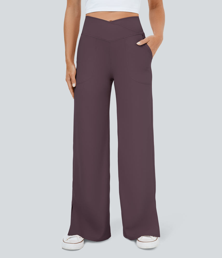 DayStretch Crossover Pocket Hem Wide Leg Yoga Pants-Smile - Dusky Evening purple