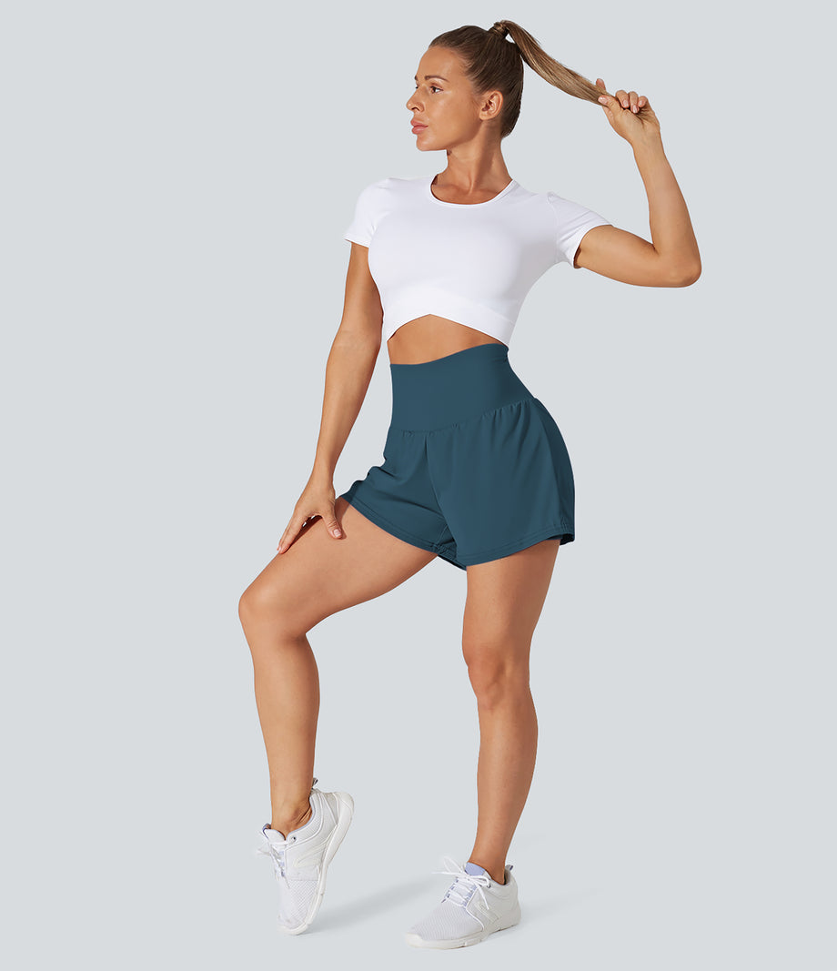 SoftlyZero™ Airy Super High Waisted 2-in-1 Cool Touch Yoga Shorts with Pockets - Majolica Blue