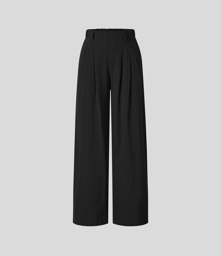 High Waisted Pocket Wide Leg Flowy Solid Palazzo Casual Linen-Feel Pants - Black