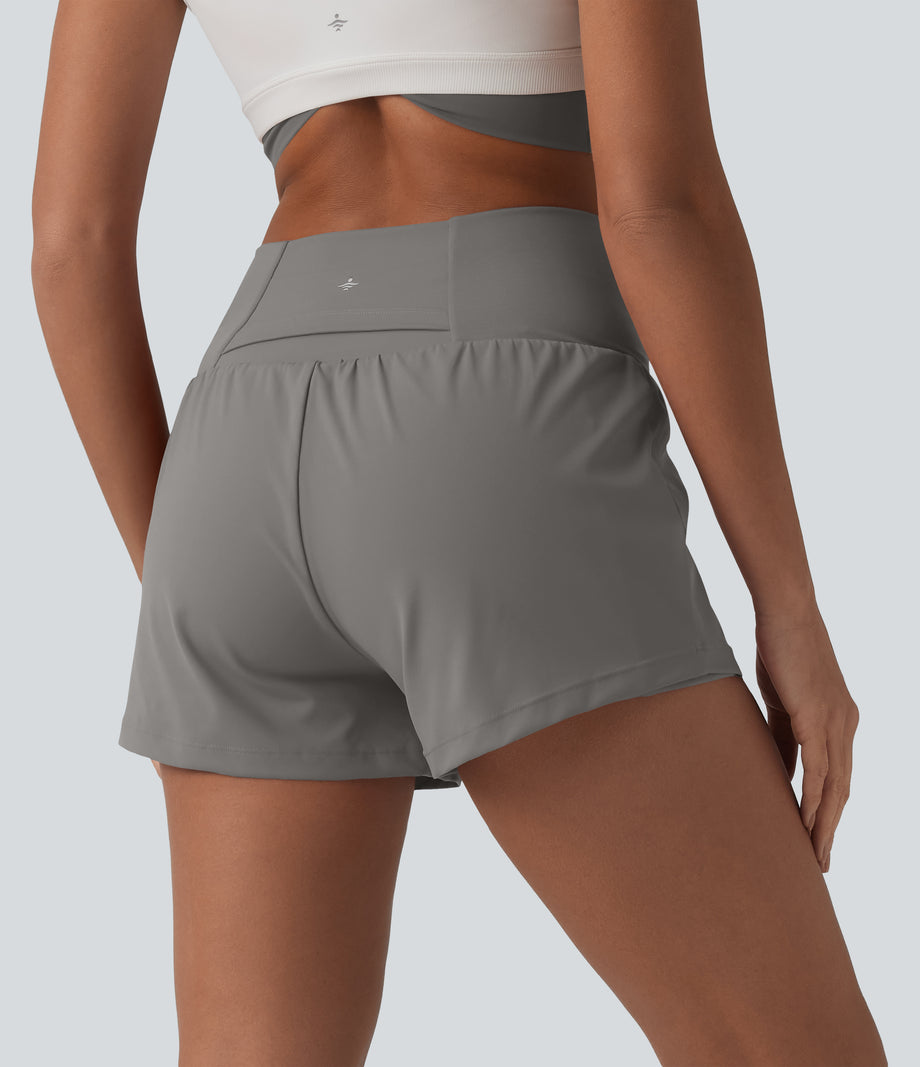 SoftlyZero™ Airy Crossover High Waisted 2-in-1 Cool Touch Yoga Shorts 3'' with Pockets - Steeple Gray