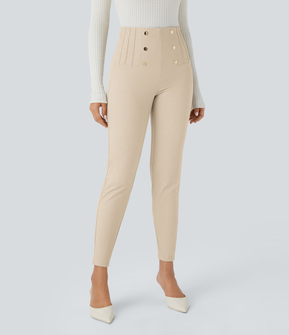 High Waisted Tummy Control Decorative Back Zipper Pockets Herringbone Work Leggings - Earthy Brown