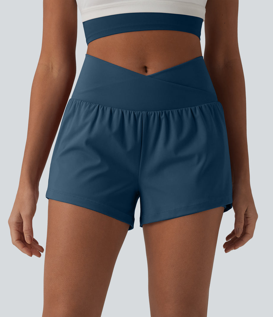 SoftlyZero™ Airy Crossover High Waisted 2-in-1 Cool Touch Yoga Shorts 3'' with Pockets - Majolica Blue
