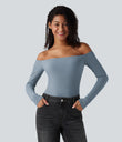 Ribbed Knit Off Shoulder Long Sleeve 2-in-1 Casual Top - Dusty Blue