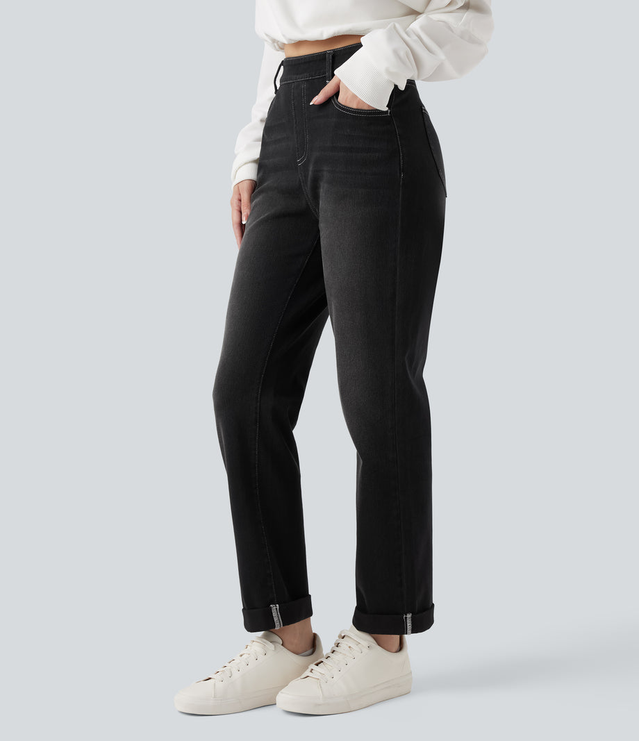 Halara Flex™ High Waisted Rolled Hem Casual Slim Jeans with Pockets - Phantom Denim