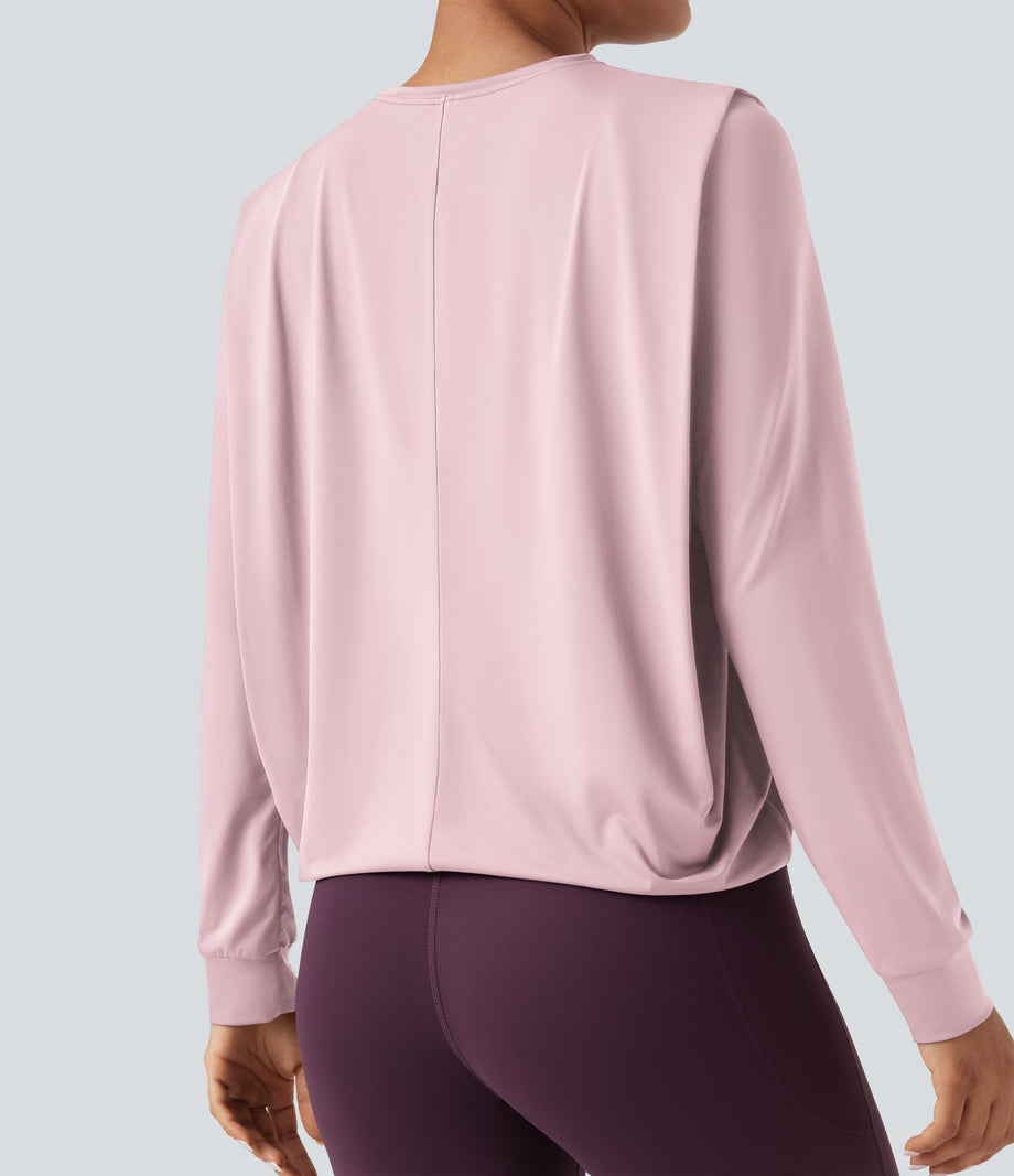 Round Neck Long Sleeve Ruched Yoga Sports Top-UPF50+ - Primrose Pink