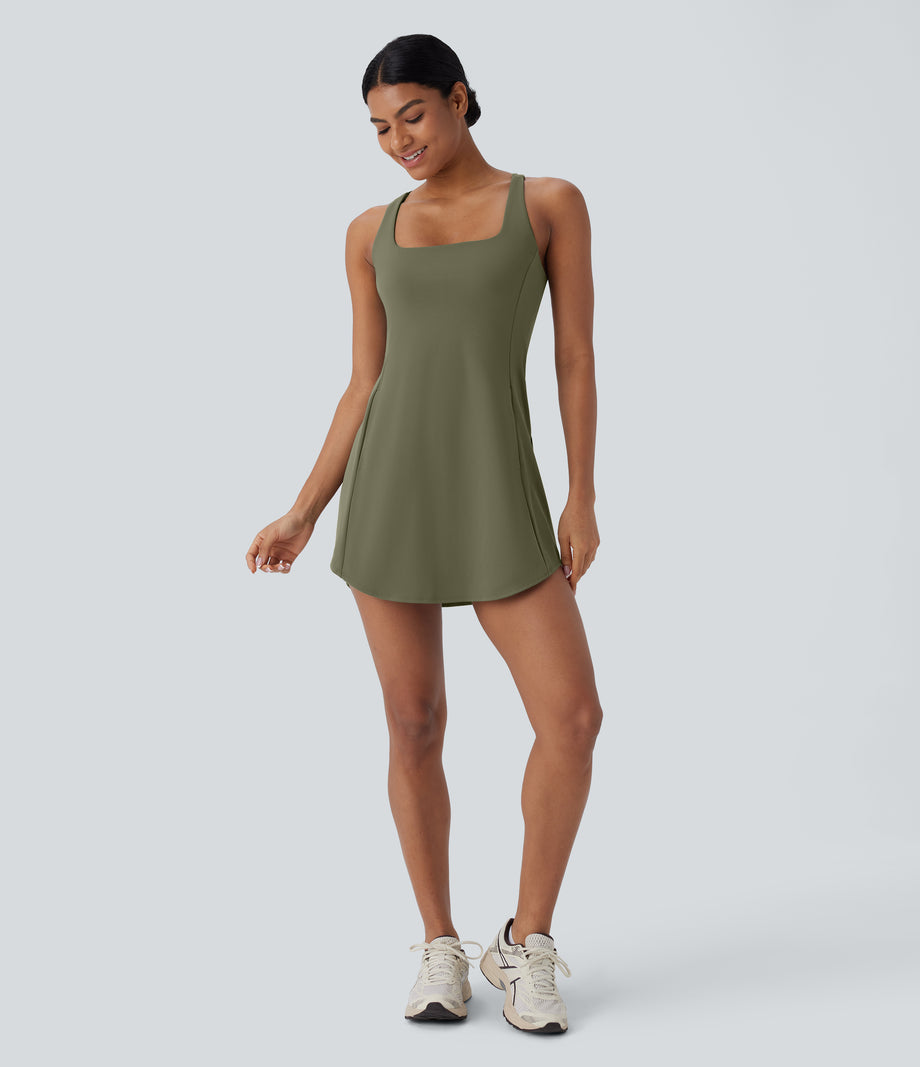 SoftlyZero™ Plush Cut Out Pocket 2-Piece Mini Yoga Active Dress - Grass Grey Green