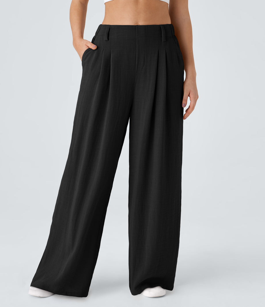 High Waisted Pocket Wide Leg Flowy Solid Palazzo Casual Linen-Feel Pants - Black