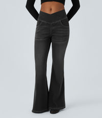 Halara Flex™ High Waisted Crossover Pocket Washed Casual Flare Jeans - Carbon Paint Denim