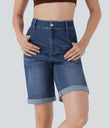 Halara Flex™ High Waisted Pockets Rolled Hem Washed Denim Casual Bermuda Shorts - Inkling  Blue Denim