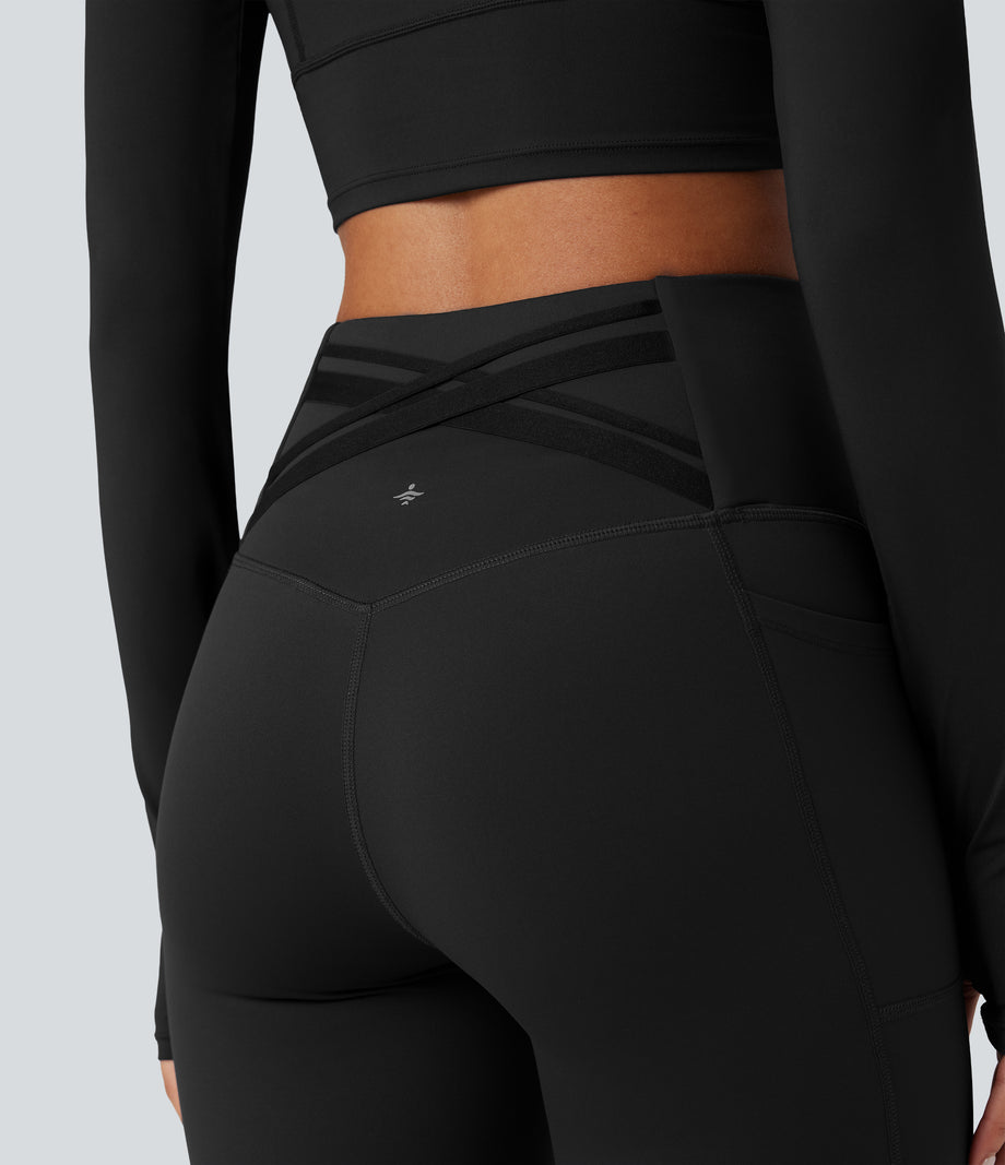 Halara Ultrasculpt™ Heat High Waisted Tummy Control Crossover Back Fleece Running Leggings with Pockets - Black