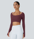 Ribbed Halter Strap Thumb Hole Cropped Yoga Sports Top - Maroon Banner